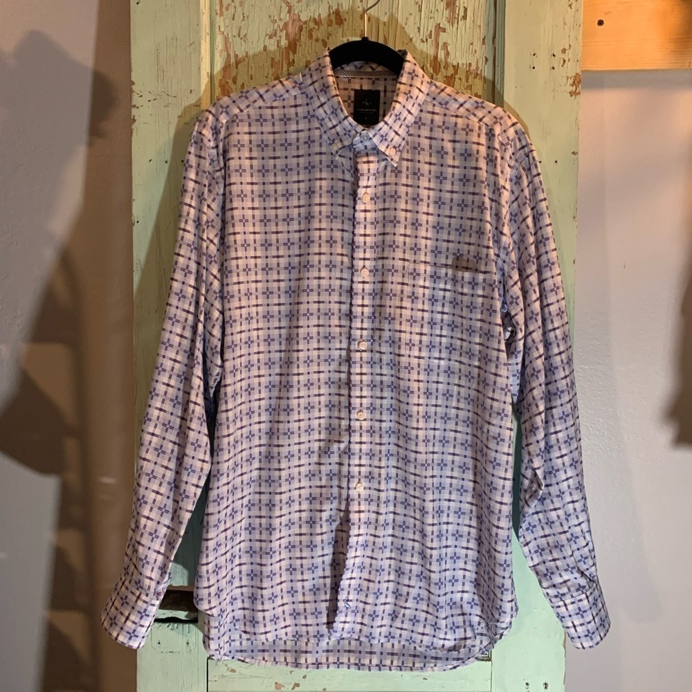 Men’s Long Sleeve Button Down Dress ShirtBlue/White Geometric Pattern Tailorbyrd